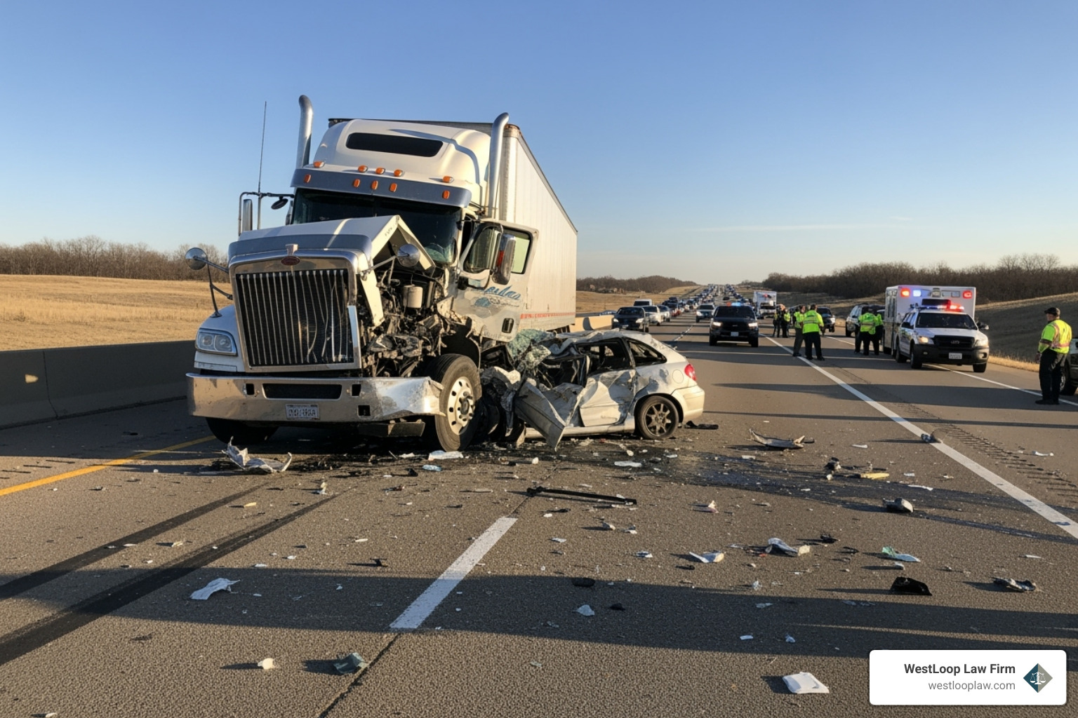 truck accident scene showing the scale of the collision - commercial truck accident attorney