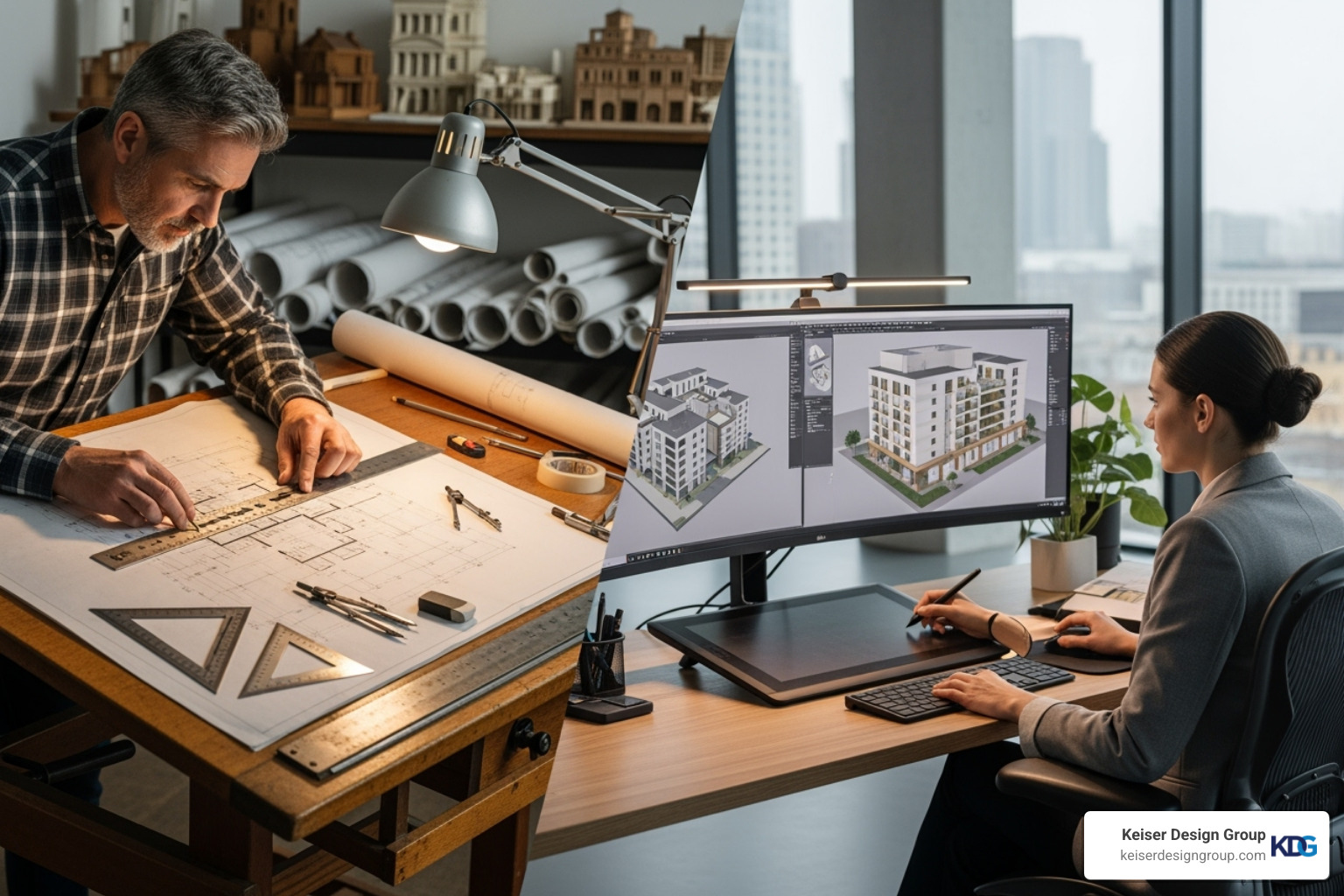 manual drafting tools contrasted with a modern CAD workstation - architectural drafting and design