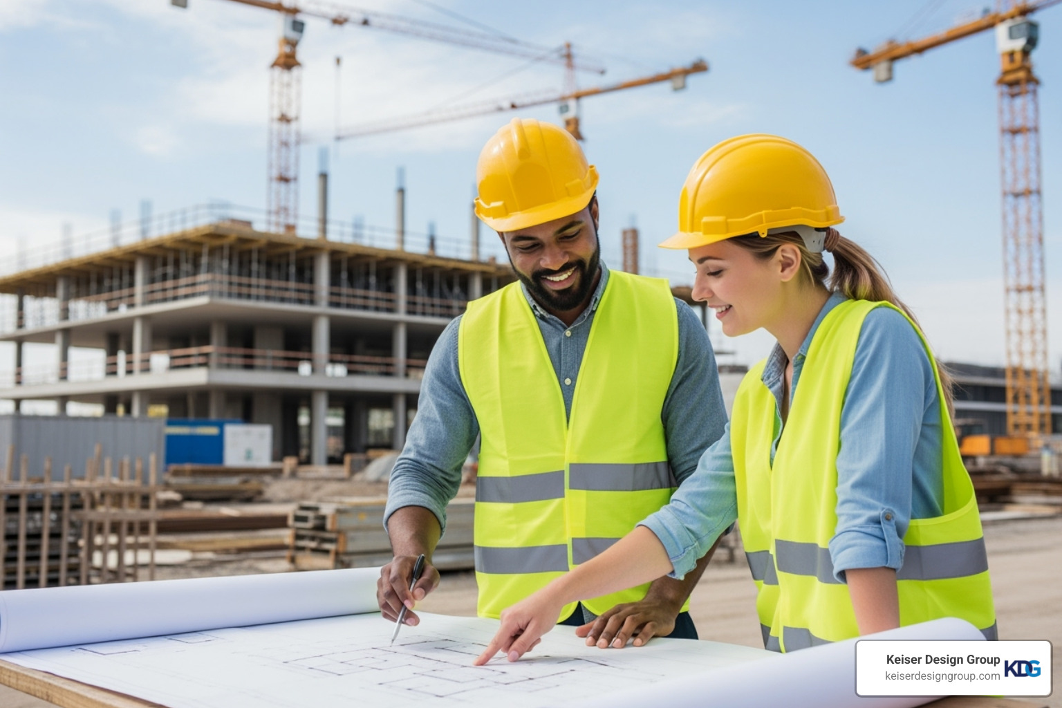 client and architect reviewing blueprints on a construction site - architectural drafting and design