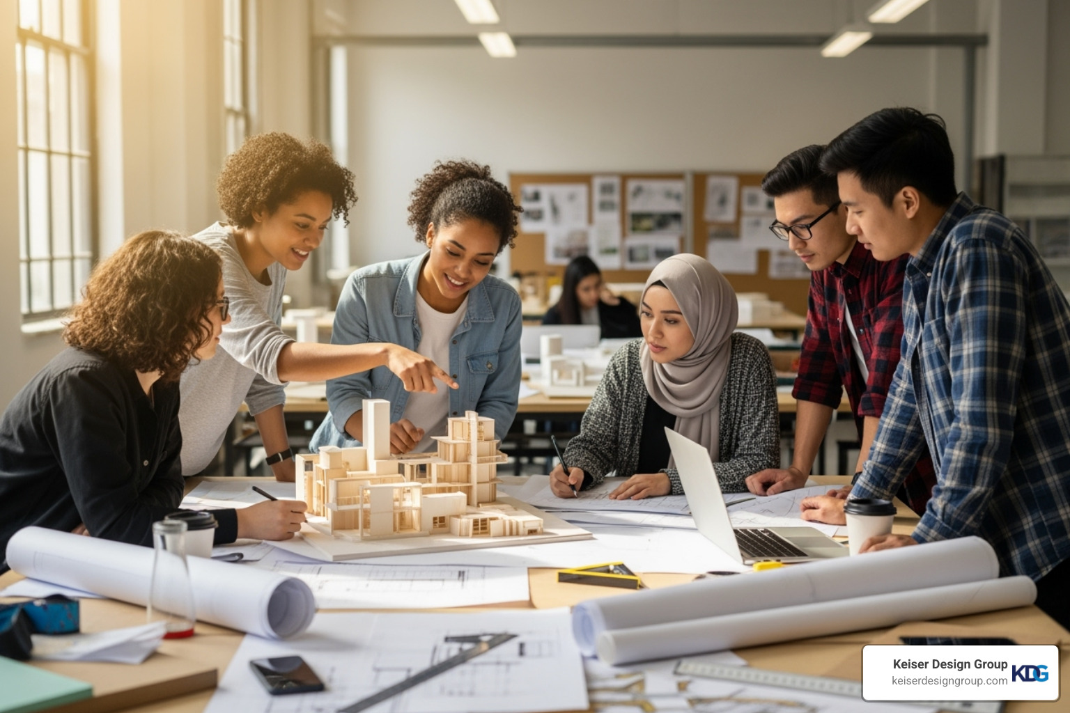 Diverse students collaborating on an architectural design project, smiling and engaged - residential architecture degree