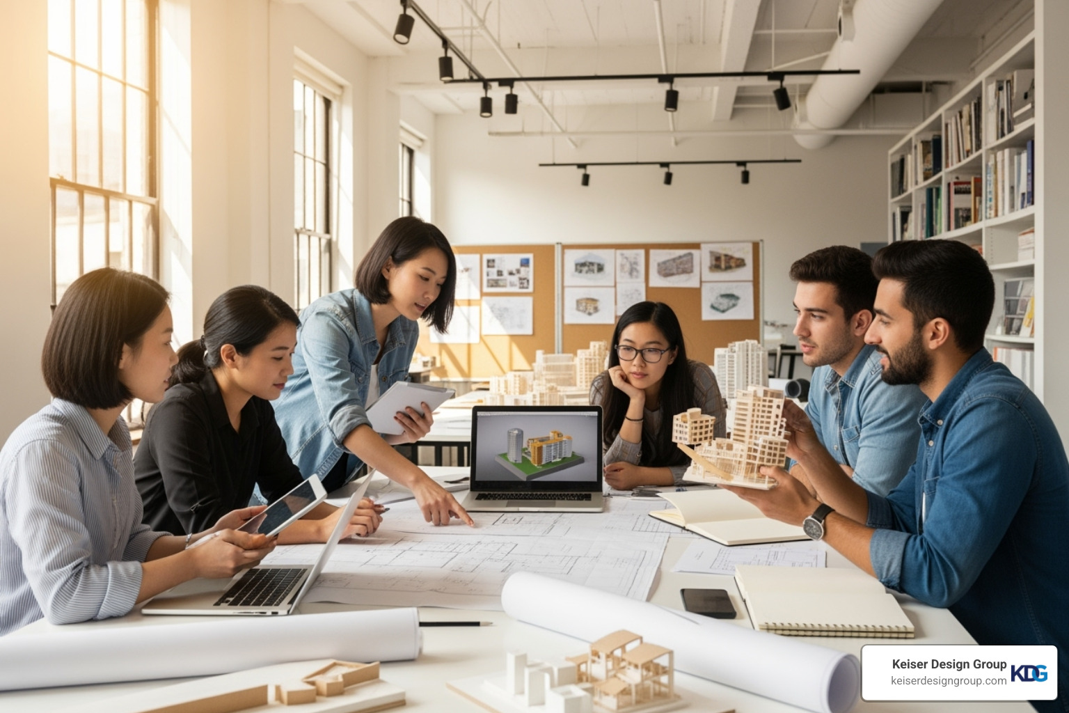 students collaborating on a design project in a bright studio - residential architecture degree