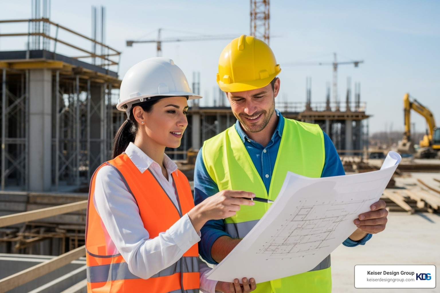 Female and male architects on a construction site reviewing blueprints, wearing hard hats and safety vests - residential architecture degree