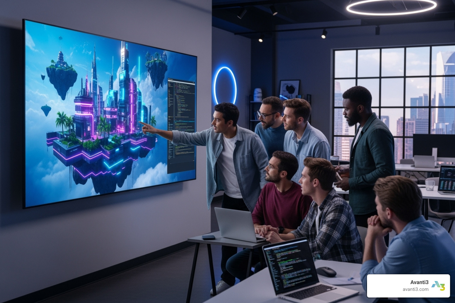 development team collaborating around a screen showing 3D models - ar vr application development services