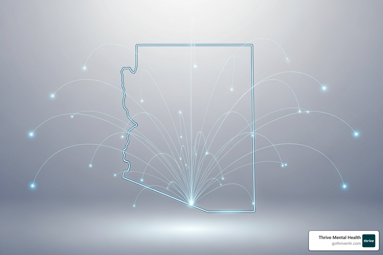 map of Arizona with digital connection lines branching out, symbolizing virtual access - virtual reality therapy arizona