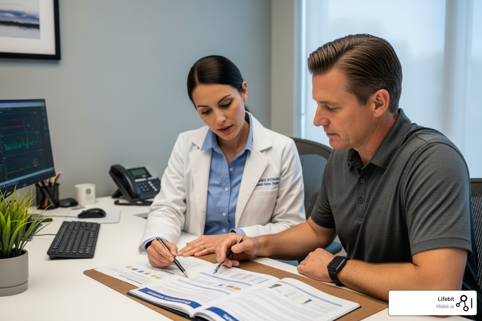 Clinician and patient discussing a genetic report - clinical variant interpretation