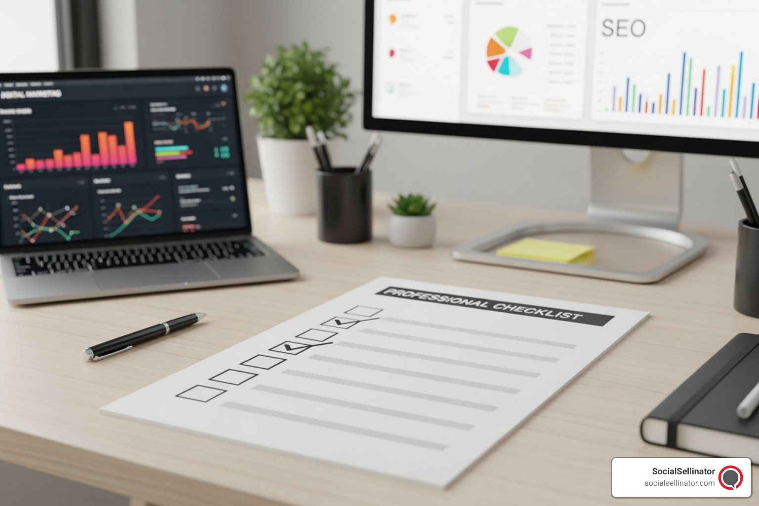 A checklist with items like Title Tag, Meta Description, and Alt Text, with checkmarks. - content writing for SEO