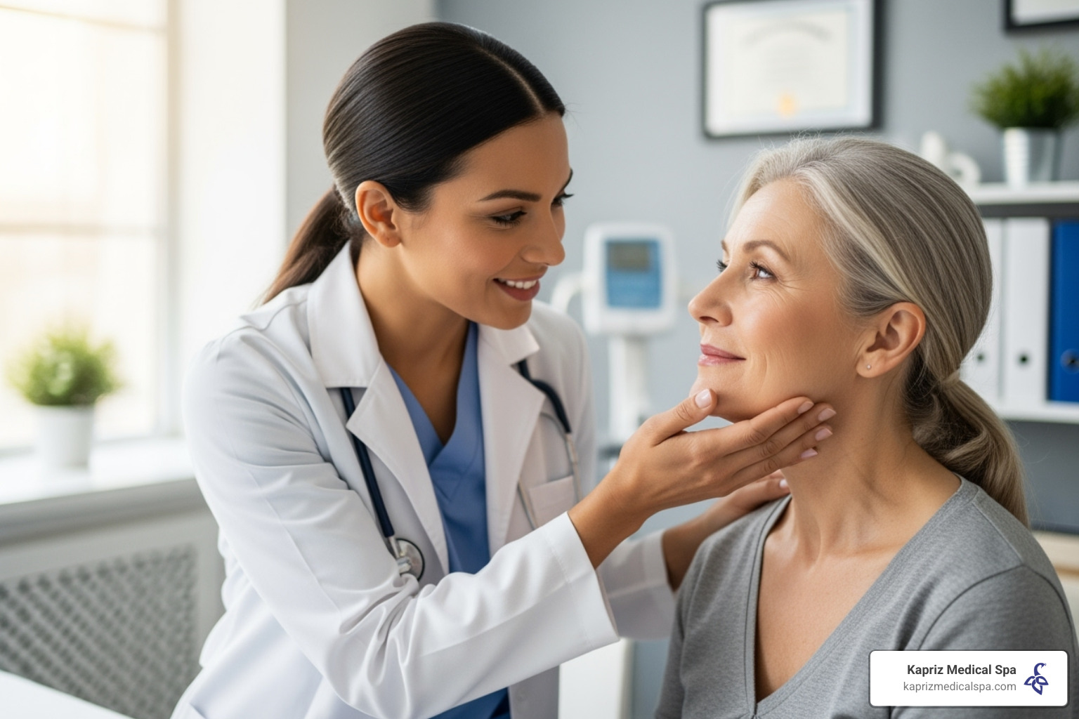 A smiling female practitioner in a medical setting, gently touching a patient's face during a consultation, with a focus on their engaged expressions and the professional environment. - how many units of botox is normal A smiling female practitioner in a medical setting, gently touching a patient's face during a consultation, with a focus on their engaged expressions and the professional environment. - how many units of botox is normal