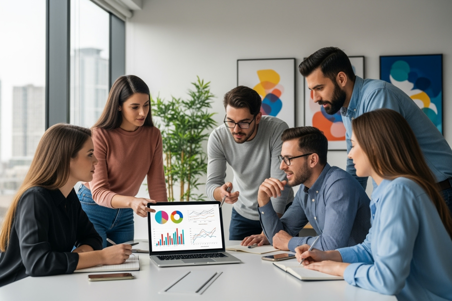 A diverse marketing agency team collaborating around a table, looking at data on a laptop and discussing strategy - GMB optimization services