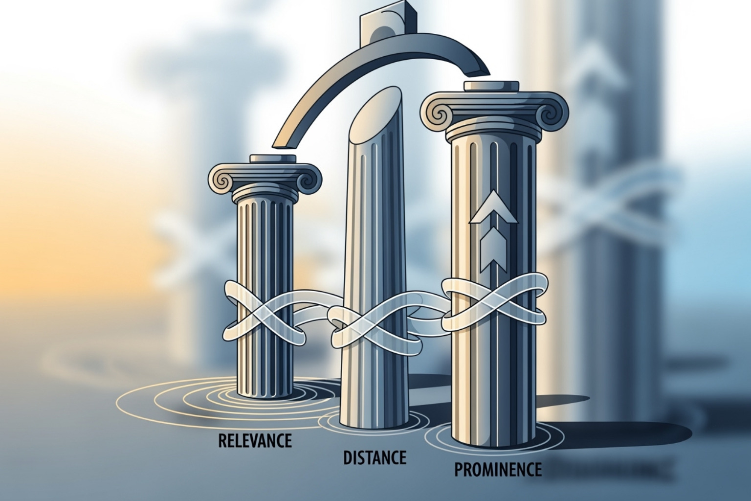 A diagram showing the three pillars of local search ranking: Relevance, Distance, and Prominence - SEO and GMB