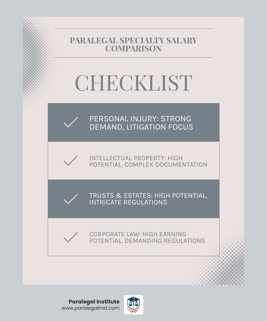 Infographic illustrating a comparative analysis of paralegal salaries across different legal specialties, including Personal Injury, Intellectual Property, Trusts & Estates, and Corporate law, detailing the general earning potential and the unique demands and complexities that influence pay in each field, with Intellectual Property, Trusts & Estates, and Corporate often showing higher earning potential due to complex documentation, specific legal knowledge, and demanding regulations. - how much do personal injury paralegals make infographic checklist-light-blue-grey Infographic illustrating a comparative analysis of paralegal salaries across different legal specialties, including Personal Injury, Intellectual Property, Trusts & Estates, and Corporate law, detailing the general earning potential and the unique demands and complexities that influence pay in each field, with Intellectual Property, Trusts & Estates, and Corporate often showing higher earning potential due to complex documentation, specific legal knowledge, and demanding regulations. - how much do personal injury paralegals make infographic checklist-light-blue-grey
