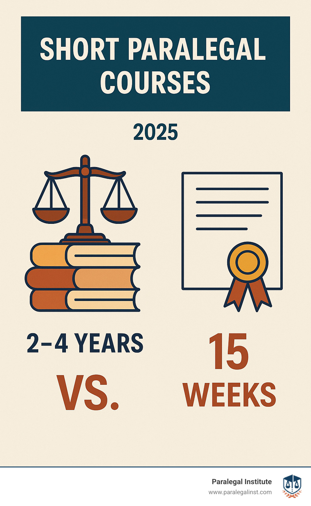 Comparison infographic showing short paralegal course timeline of 15 weeks versus traditional 2-4 year programs, highlighting benefits like faster job entry, focused skill development, lower cost, and flexible scheduling options - short paralegal courses infographic  Comparison infographic showing short paralegal course timeline of 15 weeks versus traditional 2-4 year programs, highlighting benefits like faster job entry, focused skill development, lower cost, and flexible scheduling options - short paralegal courses infographic