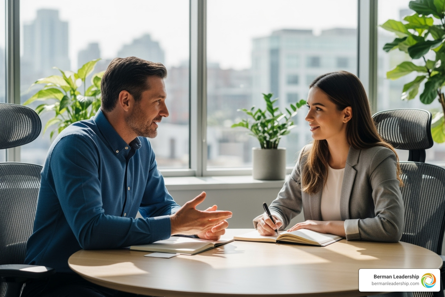 A mentor and mentee having a constructive conversation in a professional setting. - develop great leaders