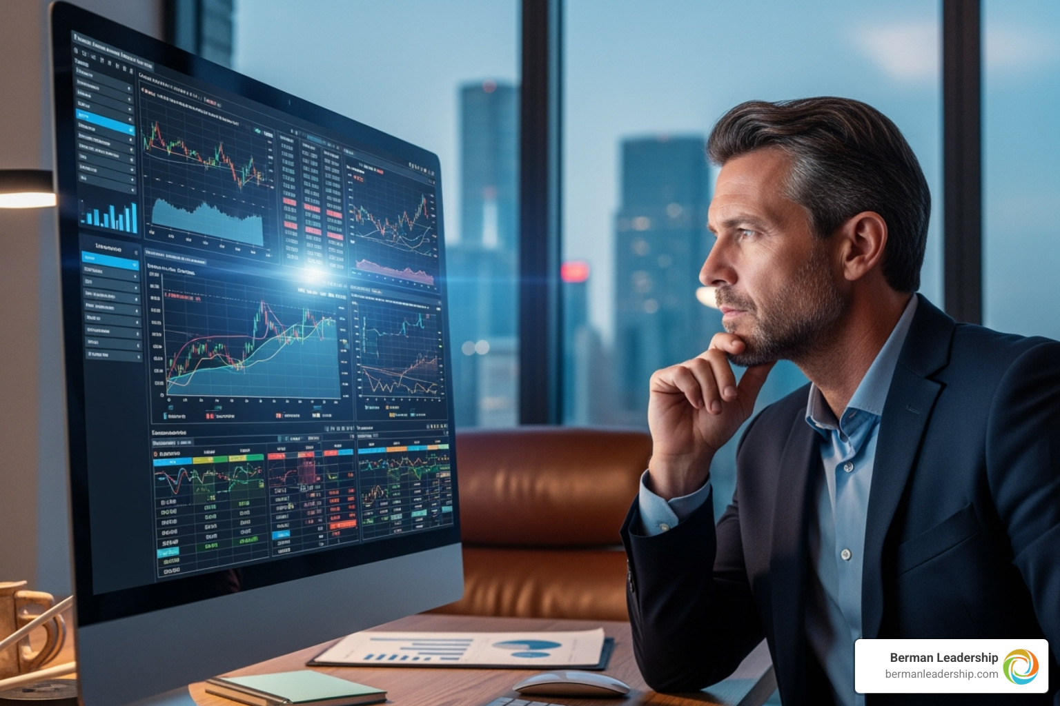 A leader looking thoughtful while analyzing a complex chart on a screen. - develop great leaders