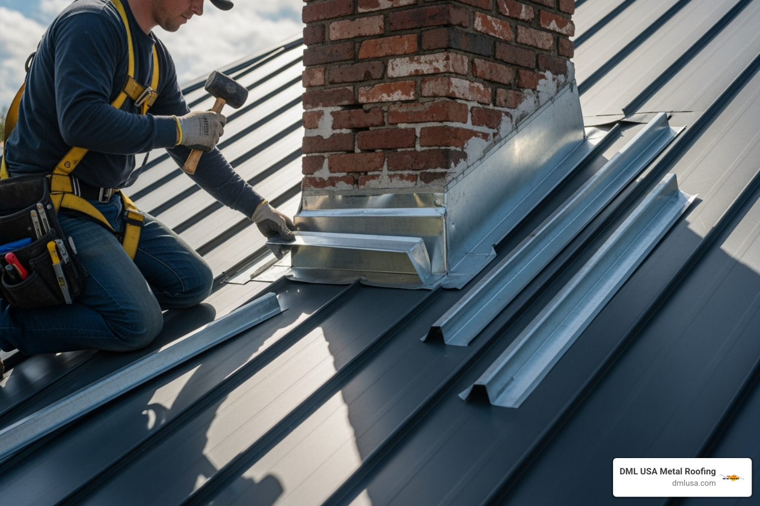 flashing being installed around a chimney - metal shingle roof installation