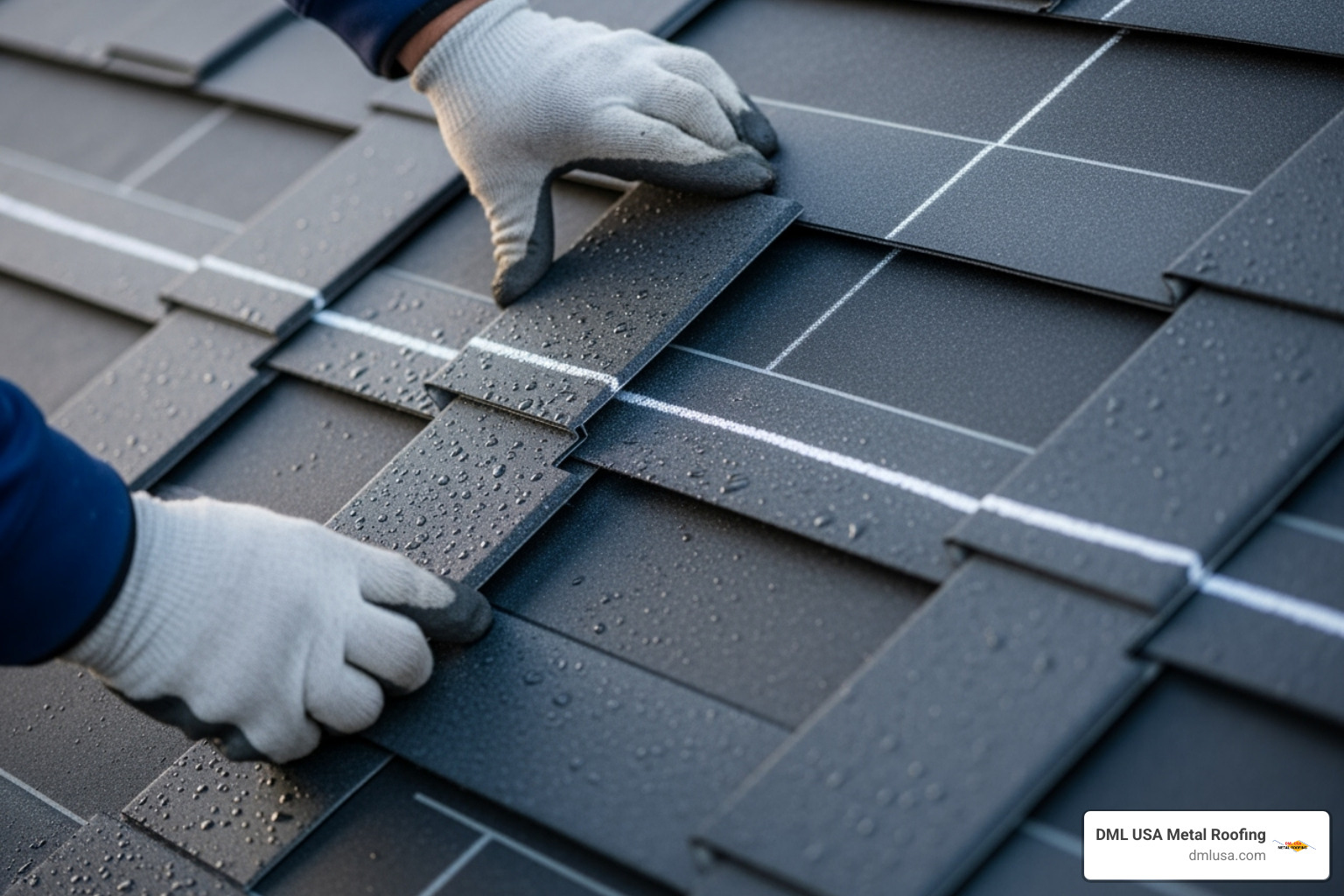 the first course of metal shingles being installed - metal shingle roof installation