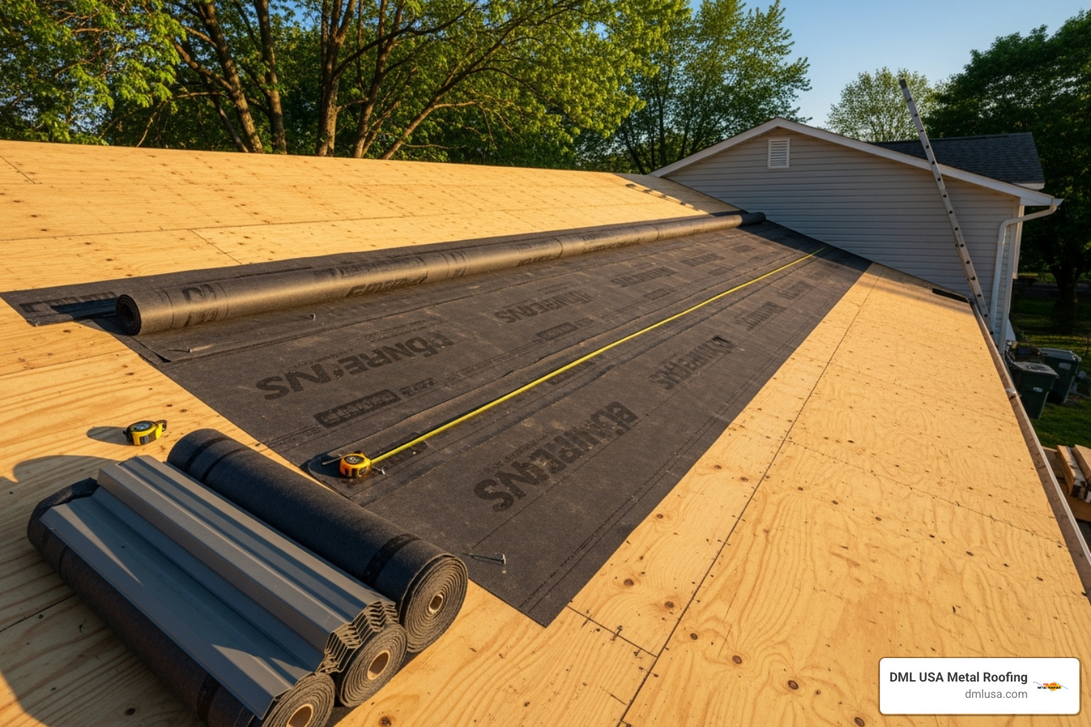 a roof deck being prepared for installation - metal shingle roof installation