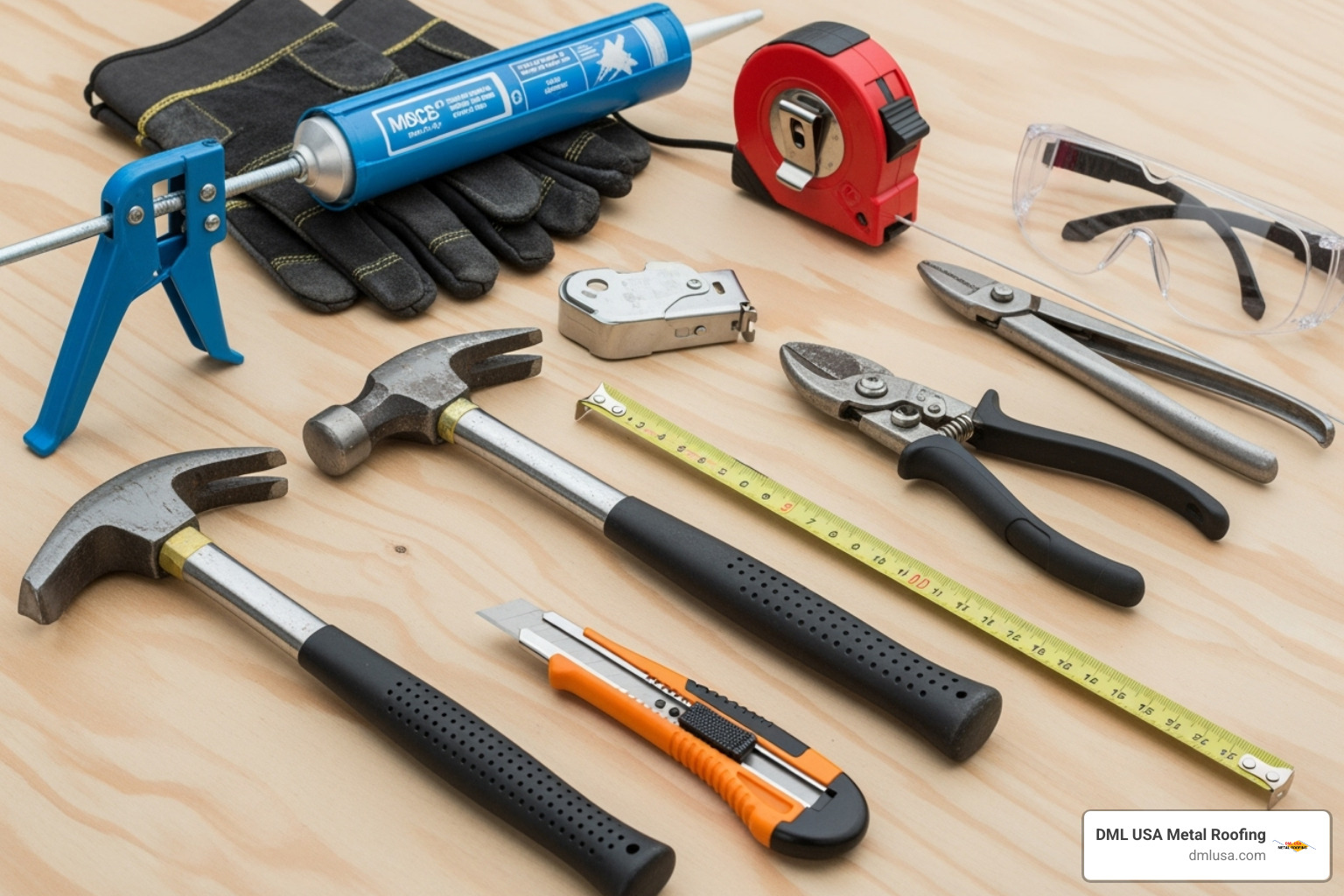 essential tools laid out for a roofing project - metal shingle roof installation