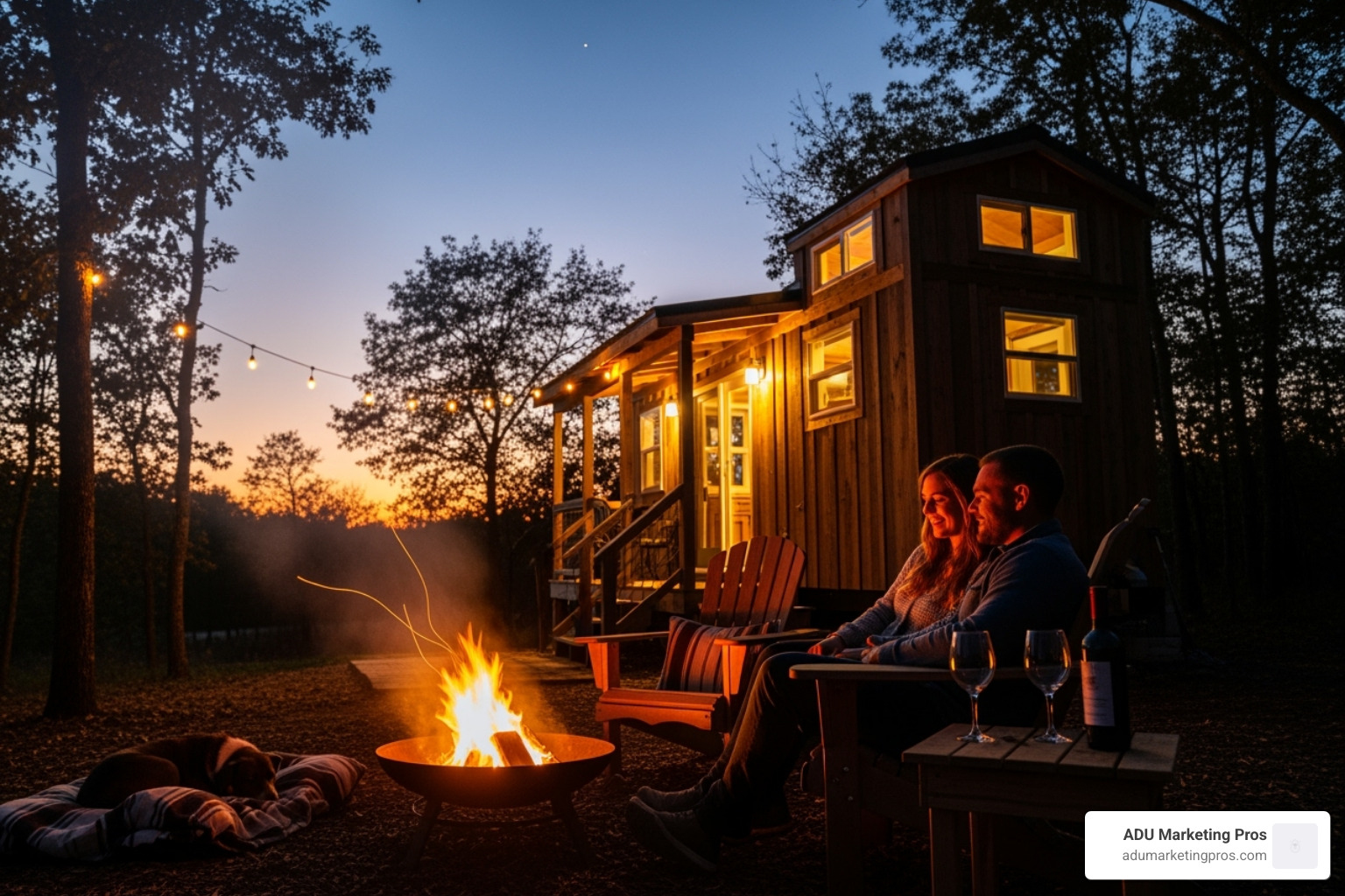 a couple enjoying a fire pit outside a tiny house at dusk - airbnb tiny house southern california