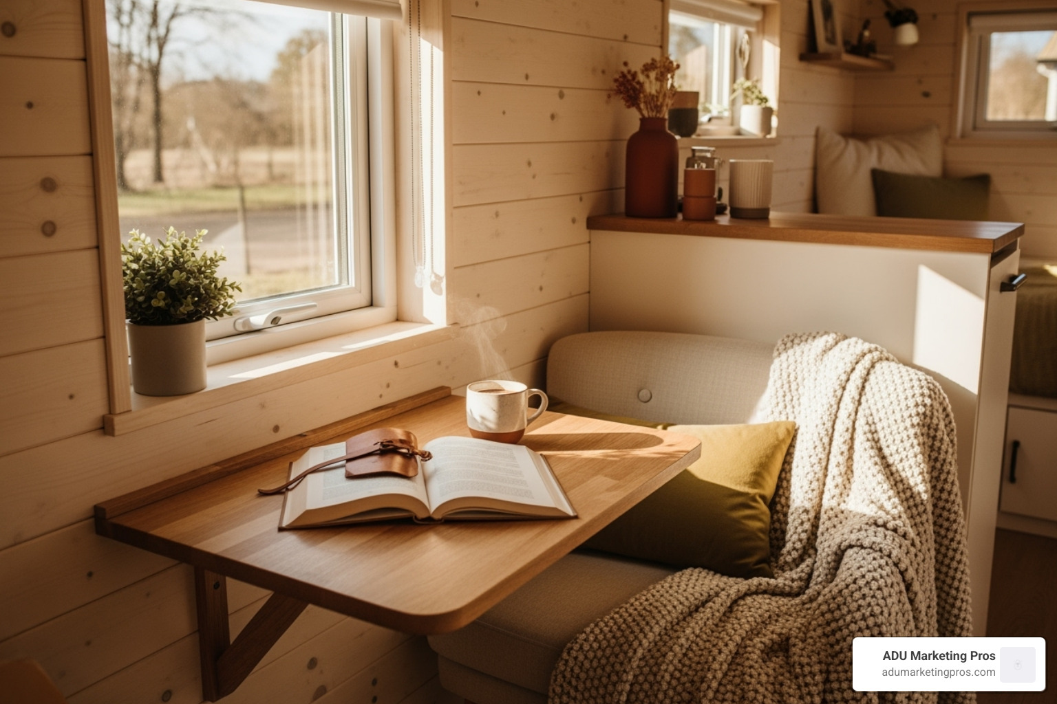 a cozy, well-designed tiny house interior with a book and coffee on a small table - airbnb tiny house southern california