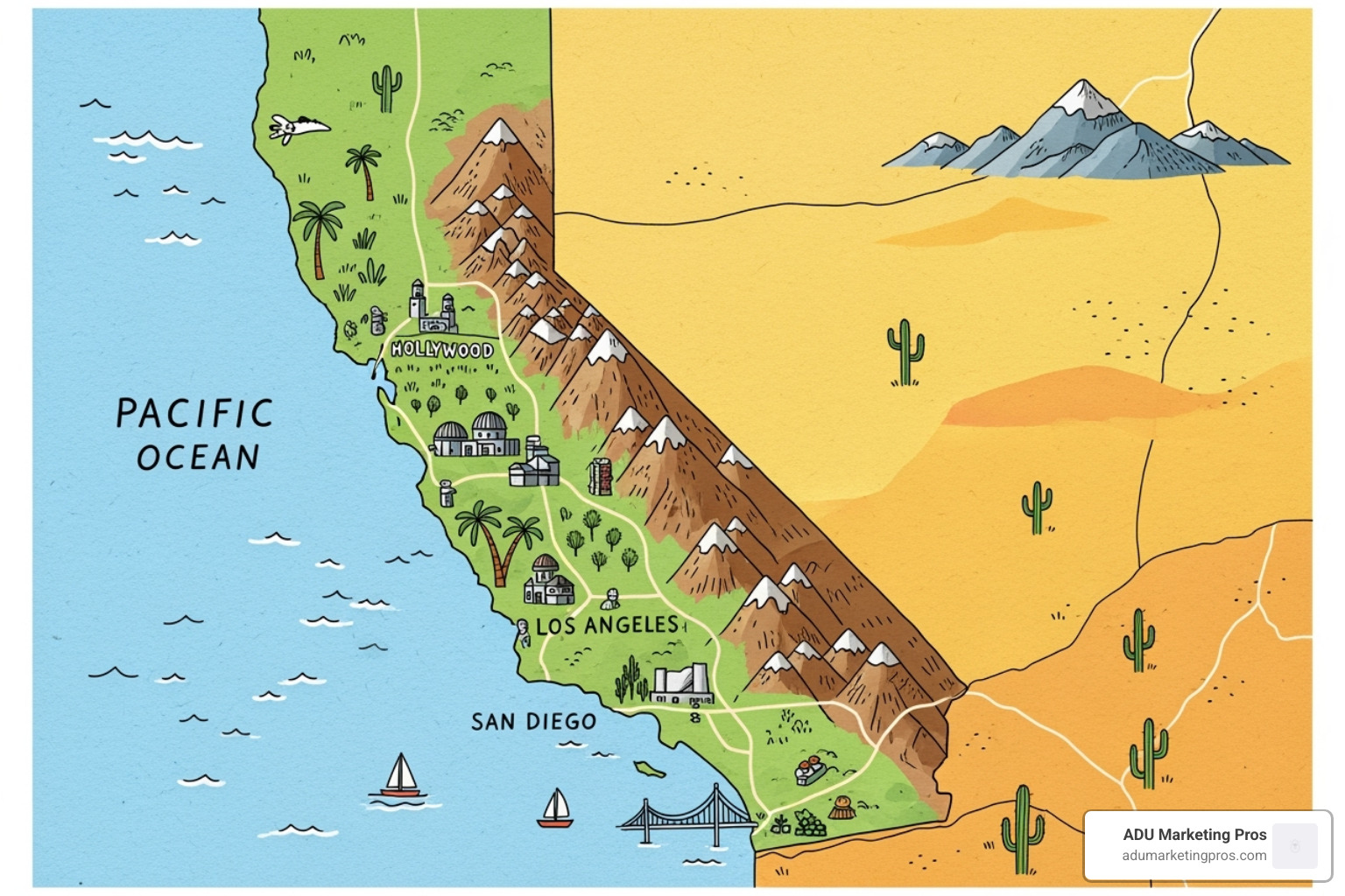 a map of Southern California highlighting key areas for tiny house rentals like Los Angeles, San Diego, and the desert regions - airbnb tiny house southern california