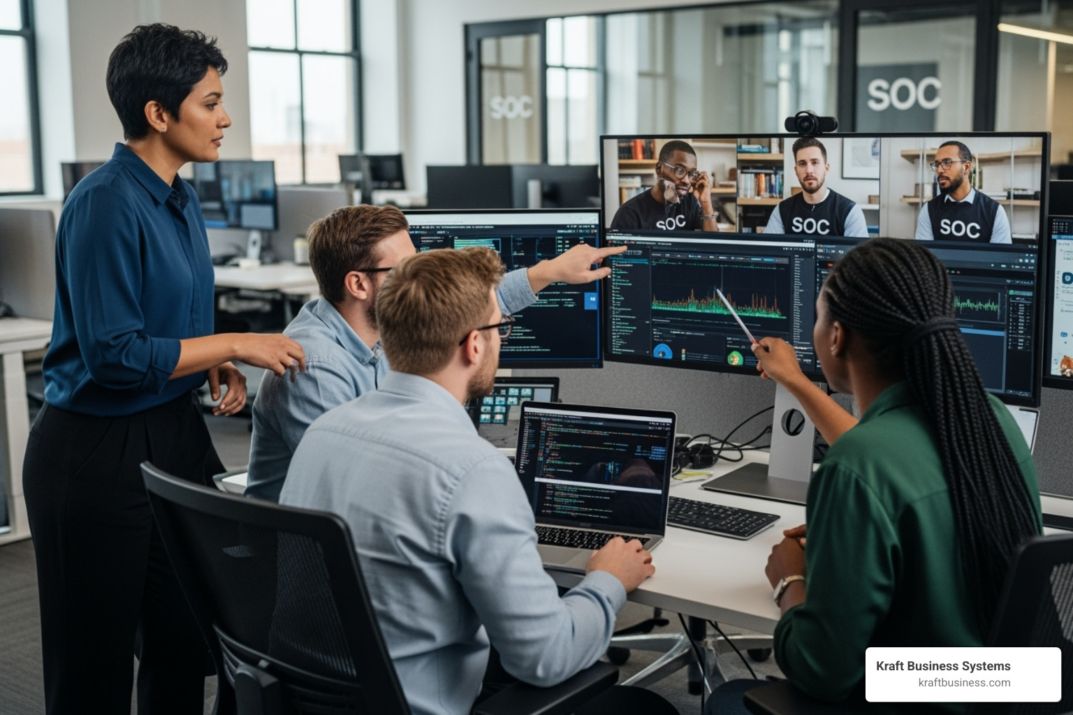 Image illustrating an in-house IT team collaborating with an external SOC team - network security service providers