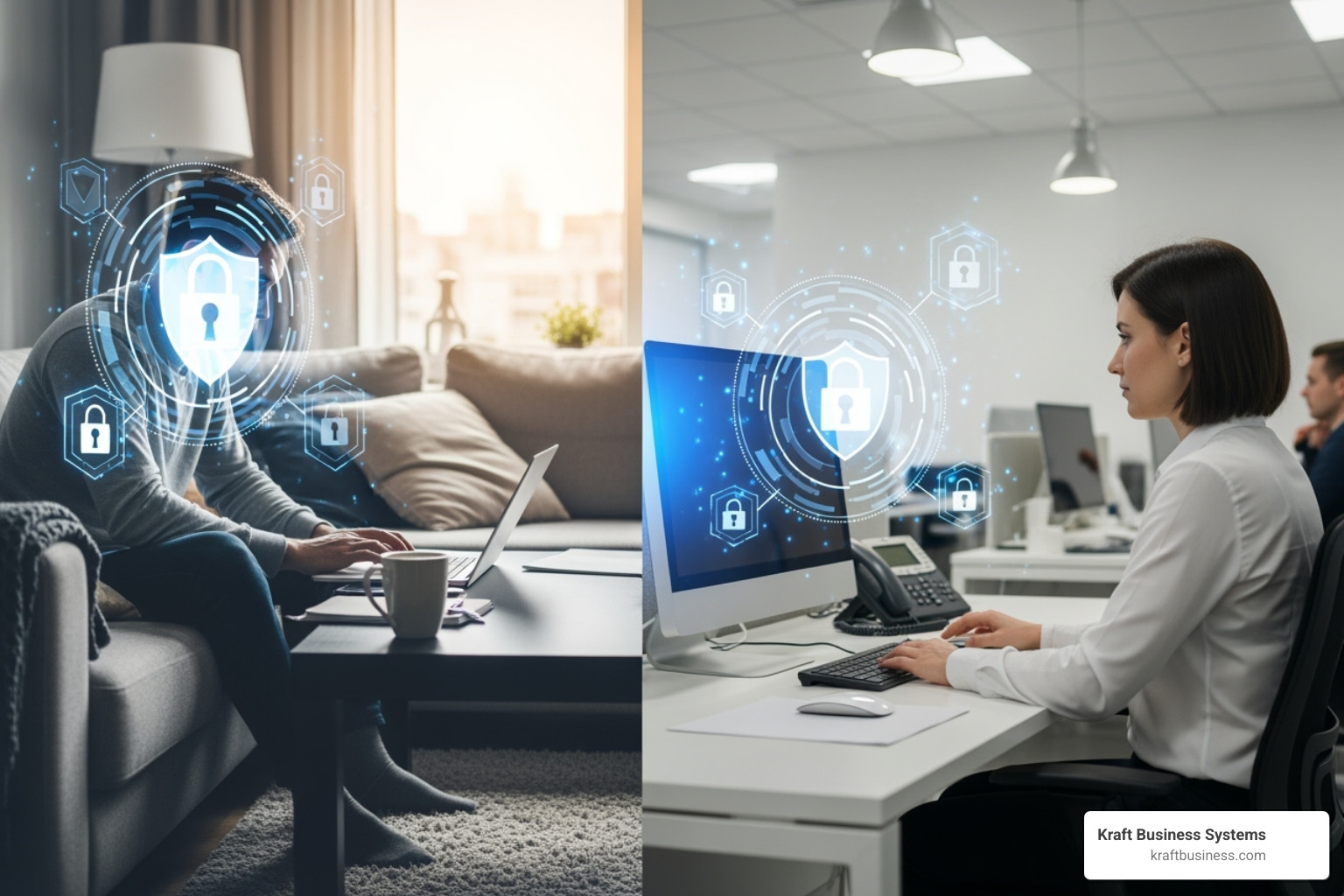 Image of a hybrid work model with security icons protecting home and office workers - network security service providers