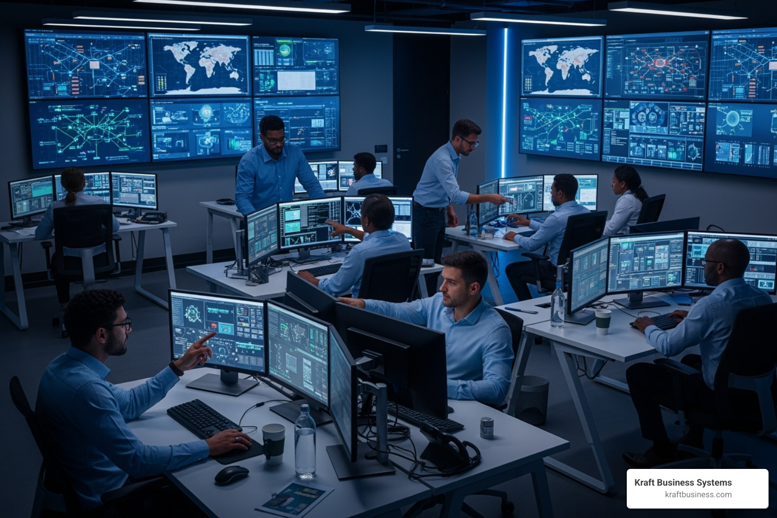 Security Operations Center with analysts at their desks - network security service providers