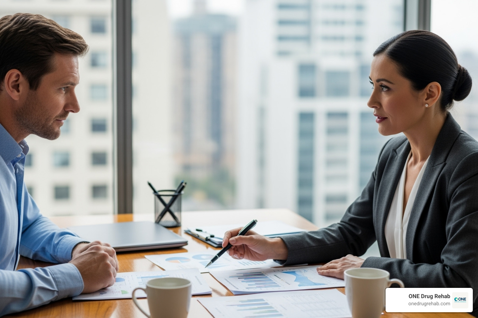 A person reviewing documents with a financial advisor - inpatient rehab for professionals A person reviewing documents with a financial advisor - inpatient rehab for professionals