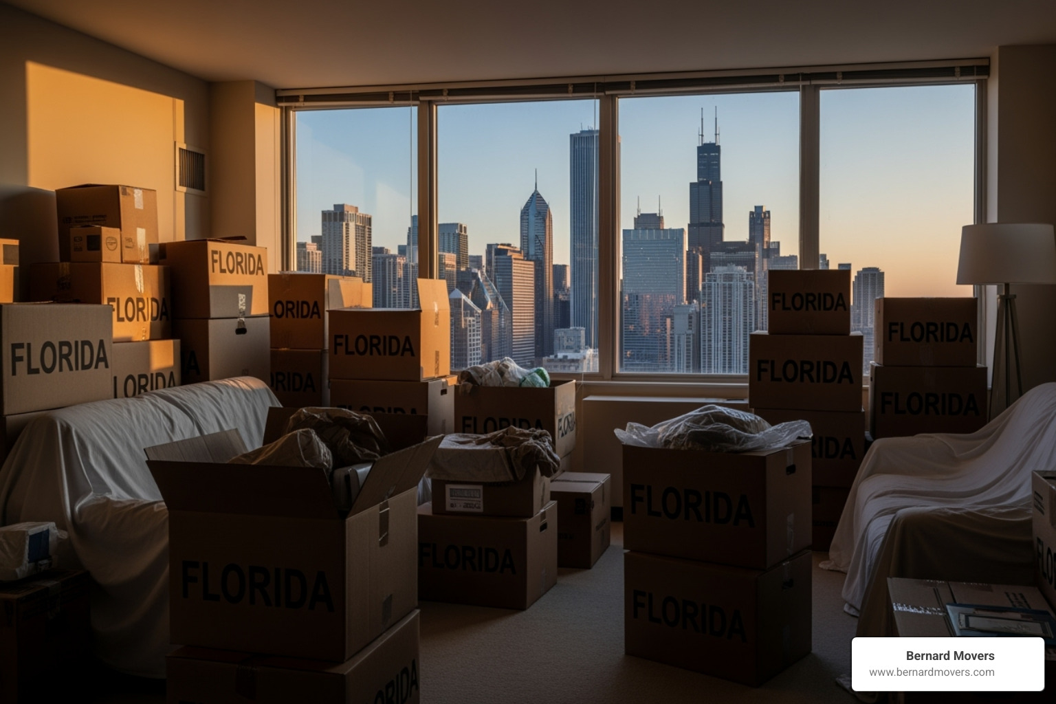 Moving boxes labeled "Florida" in a living room with a view of Chicago - Illinois to Florida