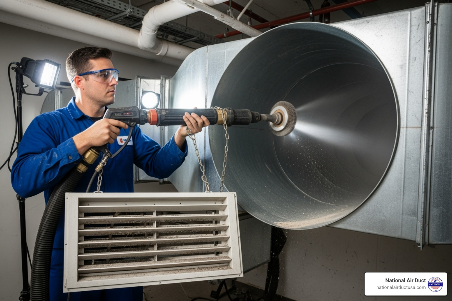 professional technician using a duct cleaning hose and brush system - ac vent disinfection