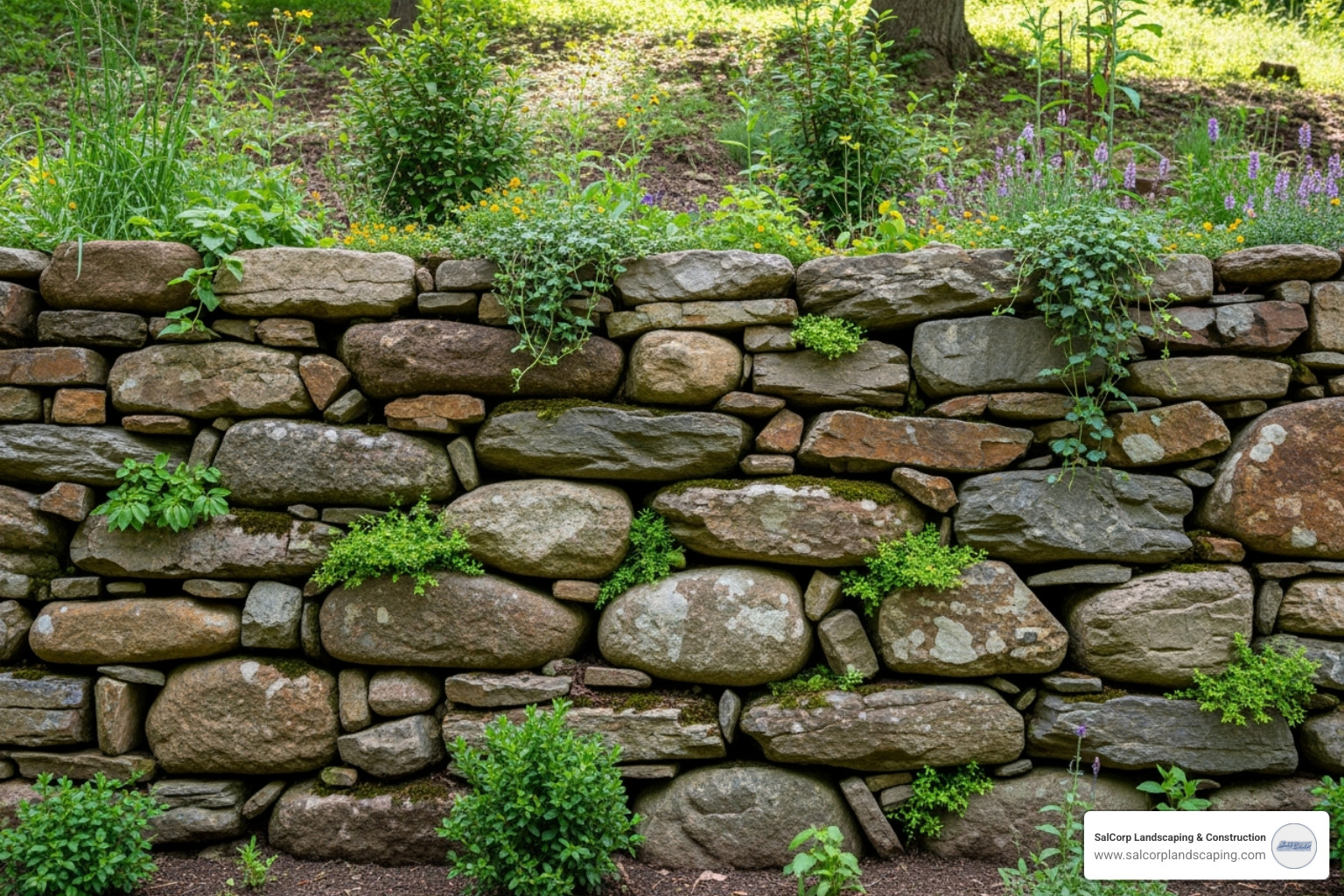 rustic natural stone retaining wall blending into a landscape - retaining wall blocks