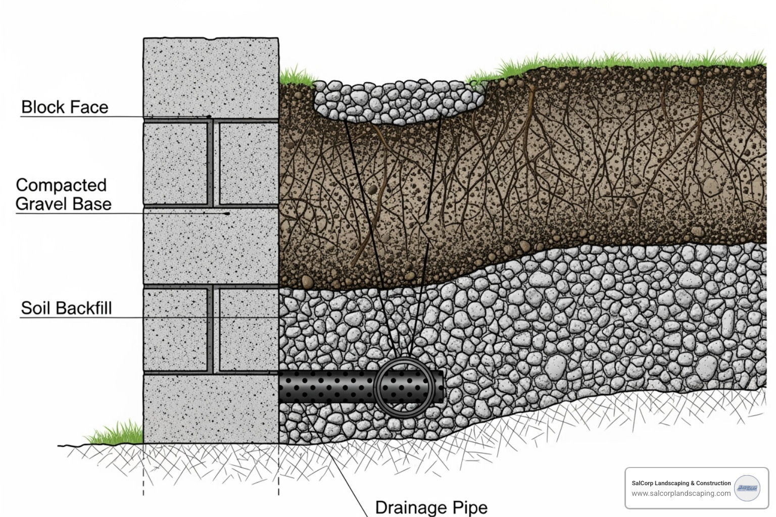cross-section of a retaining wall showing the gravel base, backfill, and drainage pipe - retaining wall blocks