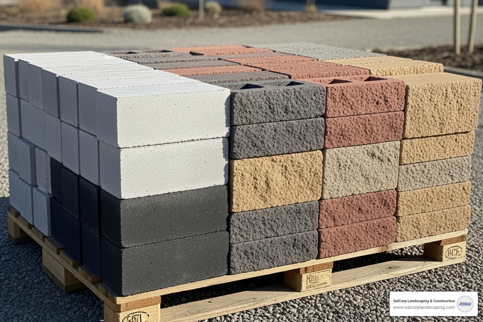 pallet of various concrete retaining wall blocks in different colors and textures - retaining wall blocks