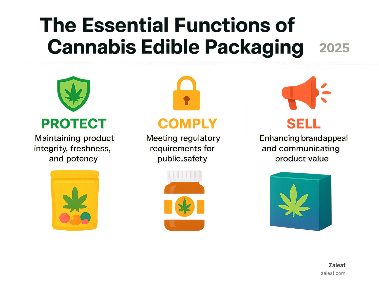 Infographic detailing the three core functions of cannabis edible packaging: Protect (maintaining product integrity, freshness, and potency by preventing contamination and degradation), Comply (meeting child-resistance, opaque packaging, accurate labeling, and tamper-evident regulations to ensure public safety and avoid legal penalties), and Sell (enhancing brand appeal, influencing consumer preference, and communicating product value through design, branding, and clear information). - cannabis edible packaging infographic 