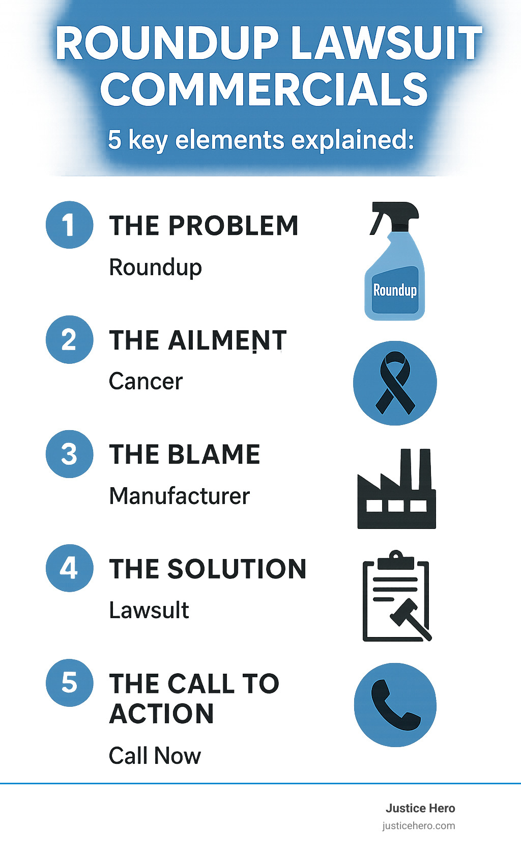 Infographic explaining the 5 key elements of a typical Roundup lawsuit commercial: The Problem (Roundup), The Ailment (Cancer), The Blame (Manufacturer), The Solution (Lawsuit), and The Call to Action (Call Now). - roundup lawsuit commercials infographic 