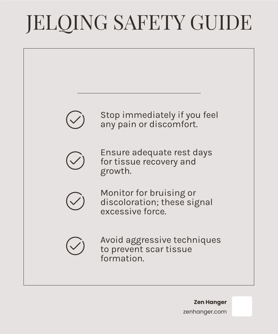 Infographic detailing potential side effects of jelqing and how to avoid them, including bruising, discoloration, and scar tissue formation - Jelqing for thickness infographic checklist-light-beige