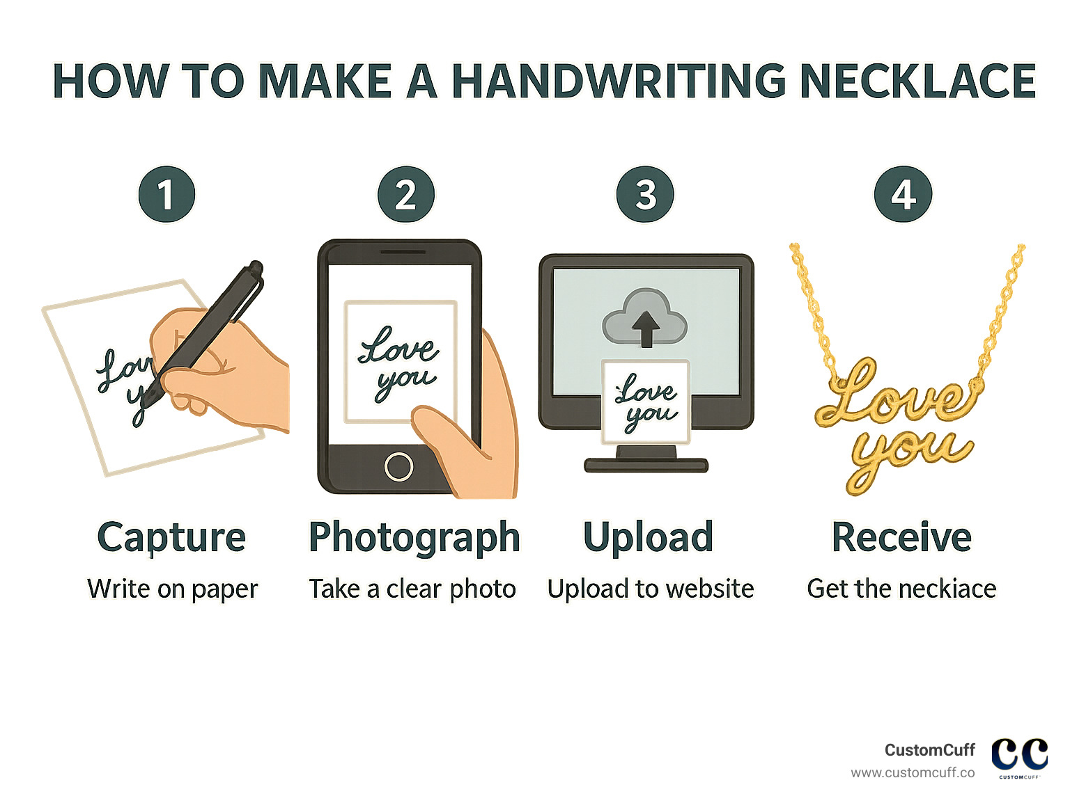 Step-by-step infographic showing the 4-step process: capturing handwriting on paper, photographing it clearly, uploading to a jewelry website, and receiving the finished engraved necklace pendant - how to make a handwriting necklace infographic 