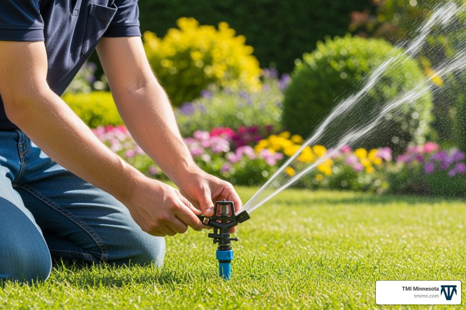 A person adjusting a sprinkler head spray pattern - garden irrigation system installation A person adjusting a sprinkler head spray pattern - garden irrigation system installation