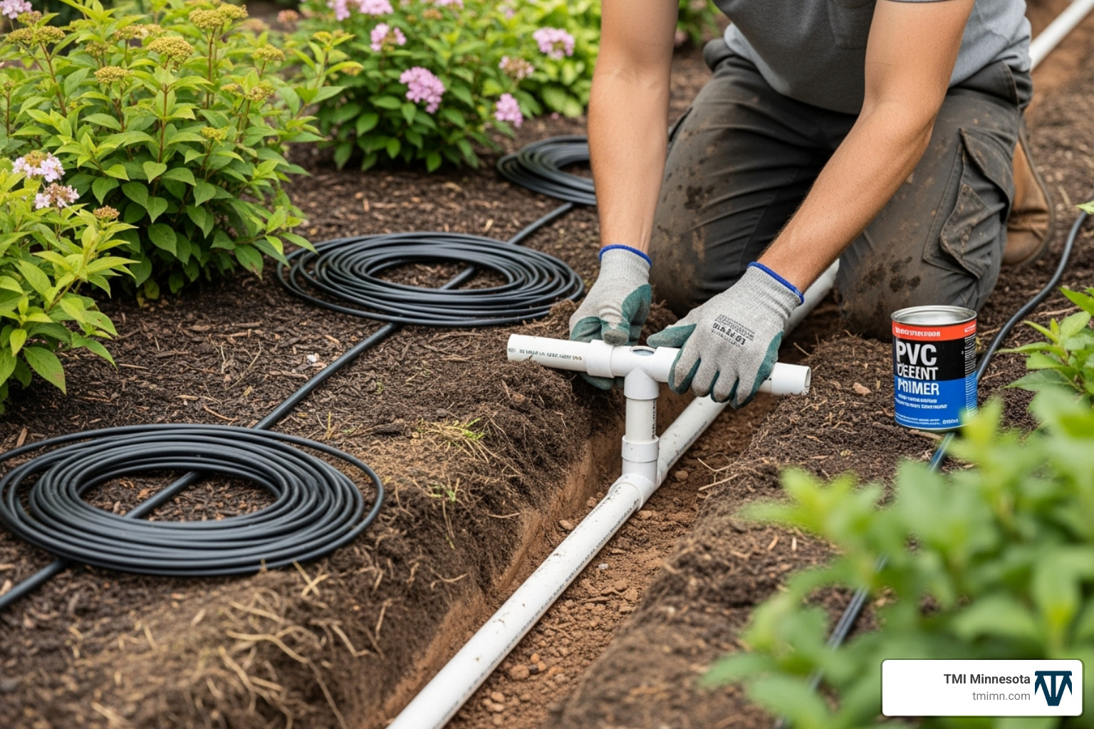 A person connecting PVC pipes in a trench - garden irrigation system installation A person connecting PVC pipes in a trench - garden irrigation system installation