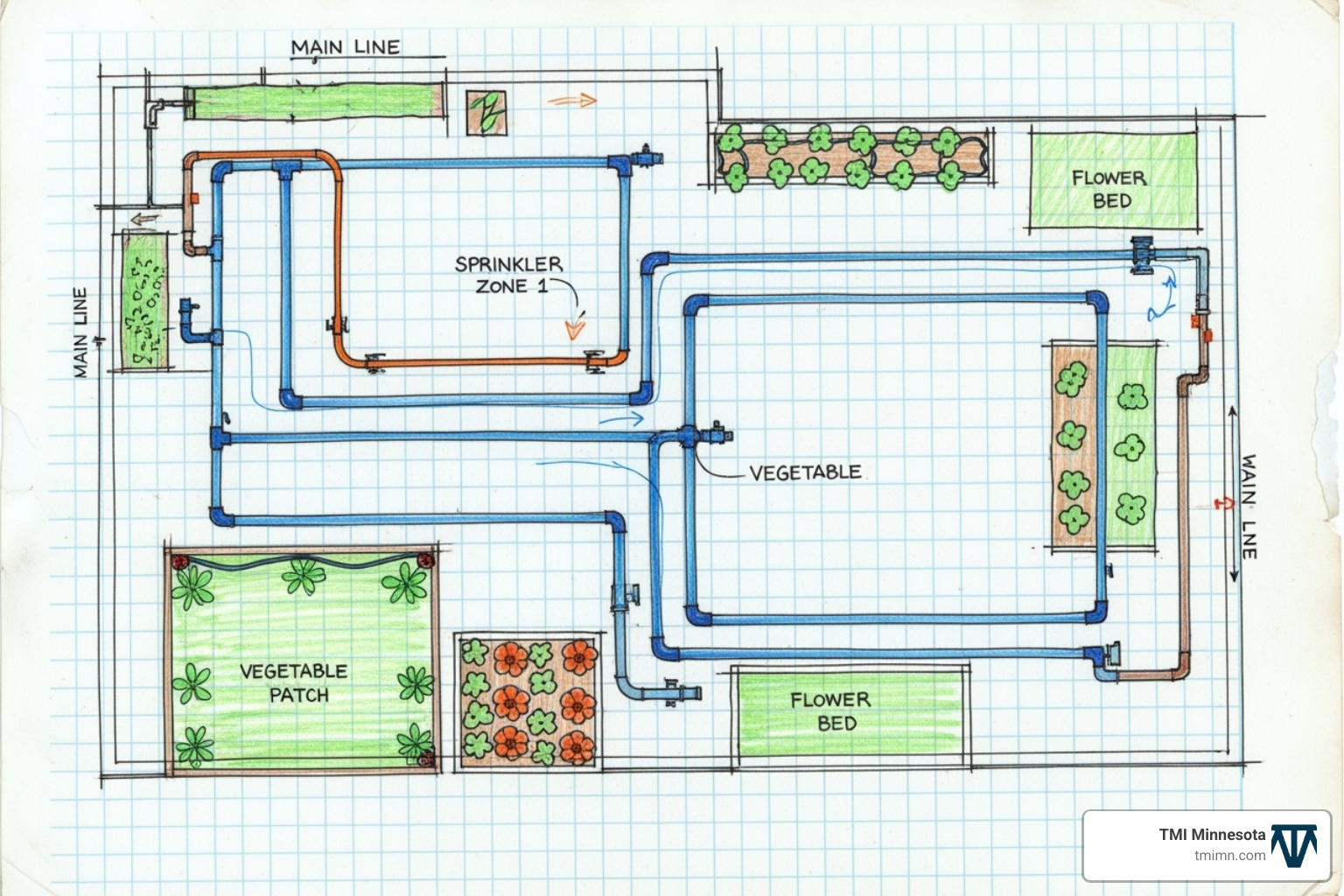 A hand-drawn garden irrigation plan on grid paper - garden irrigation system installation A hand-drawn garden irrigation plan on grid paper - garden irrigation system installation