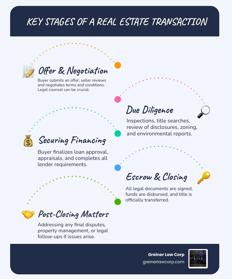Infographic explaining the key stages of a real estate transaction - los angeles real estate law firms infographic infographic-line-5-steps-blues-accent_colors