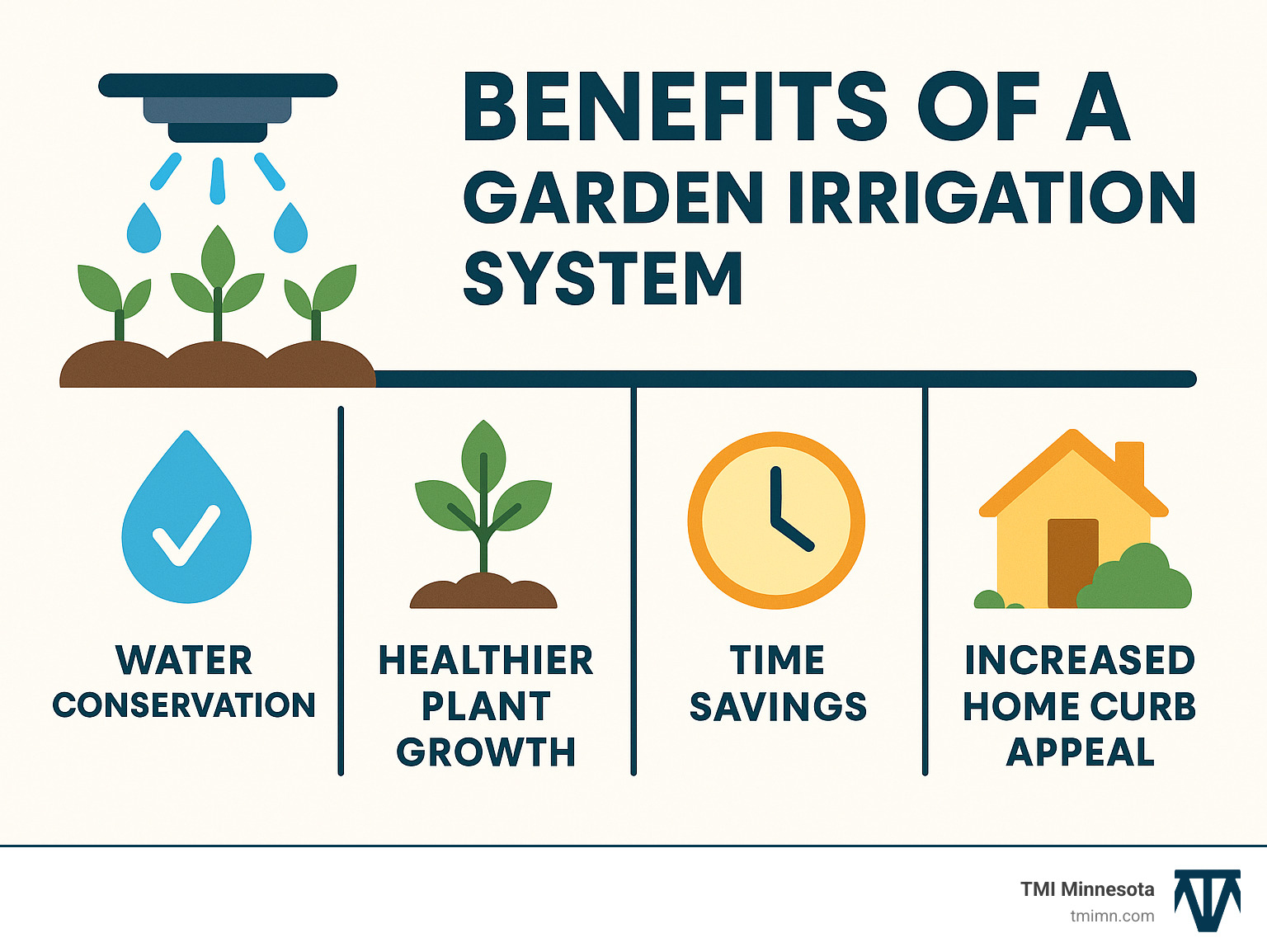 Infographic showing the benefits of a garden irrigation system, including water conservation, healthier plant growth, time savings, and increased home curb appeal, with icons for each benefit. - garden irrigation system installation infographic Infographic showing the benefits of a garden irrigation system, including water conservation, healthier plant growth, time savings, and increased home curb appeal, with icons for each benefit. - garden irrigation system installation infographic