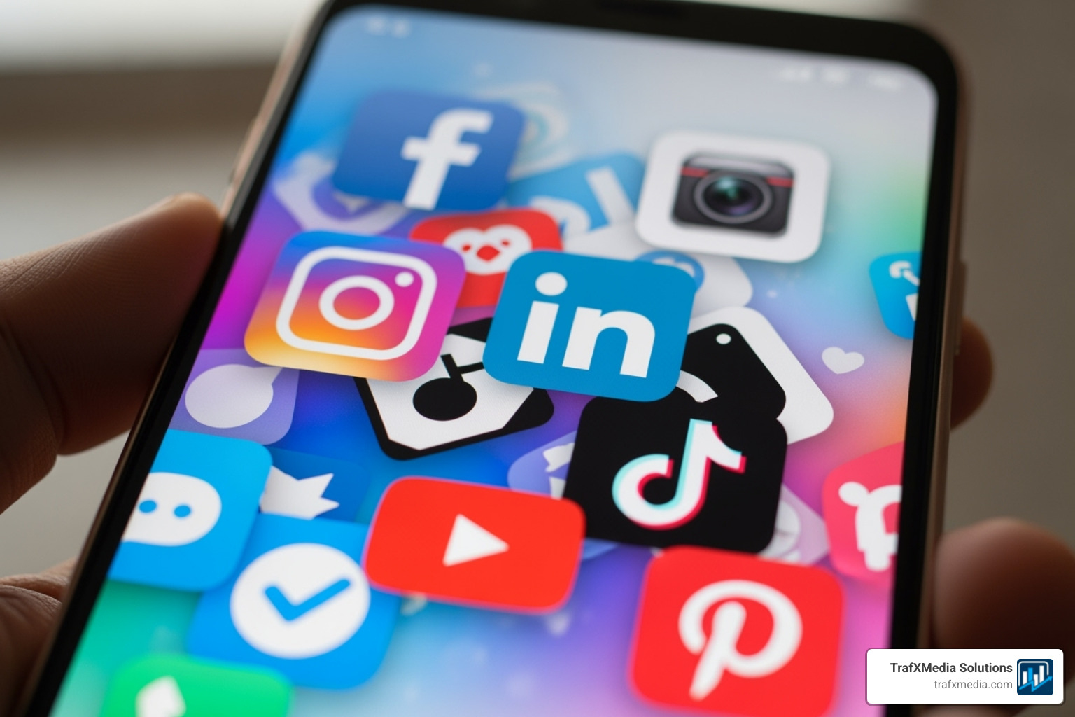a smartphone screen showing a collage of popular social media app icons such as Facebook, Instagram, LinkedIn, TikTok, YouTube, and Pinterest - top social media platforms for small business