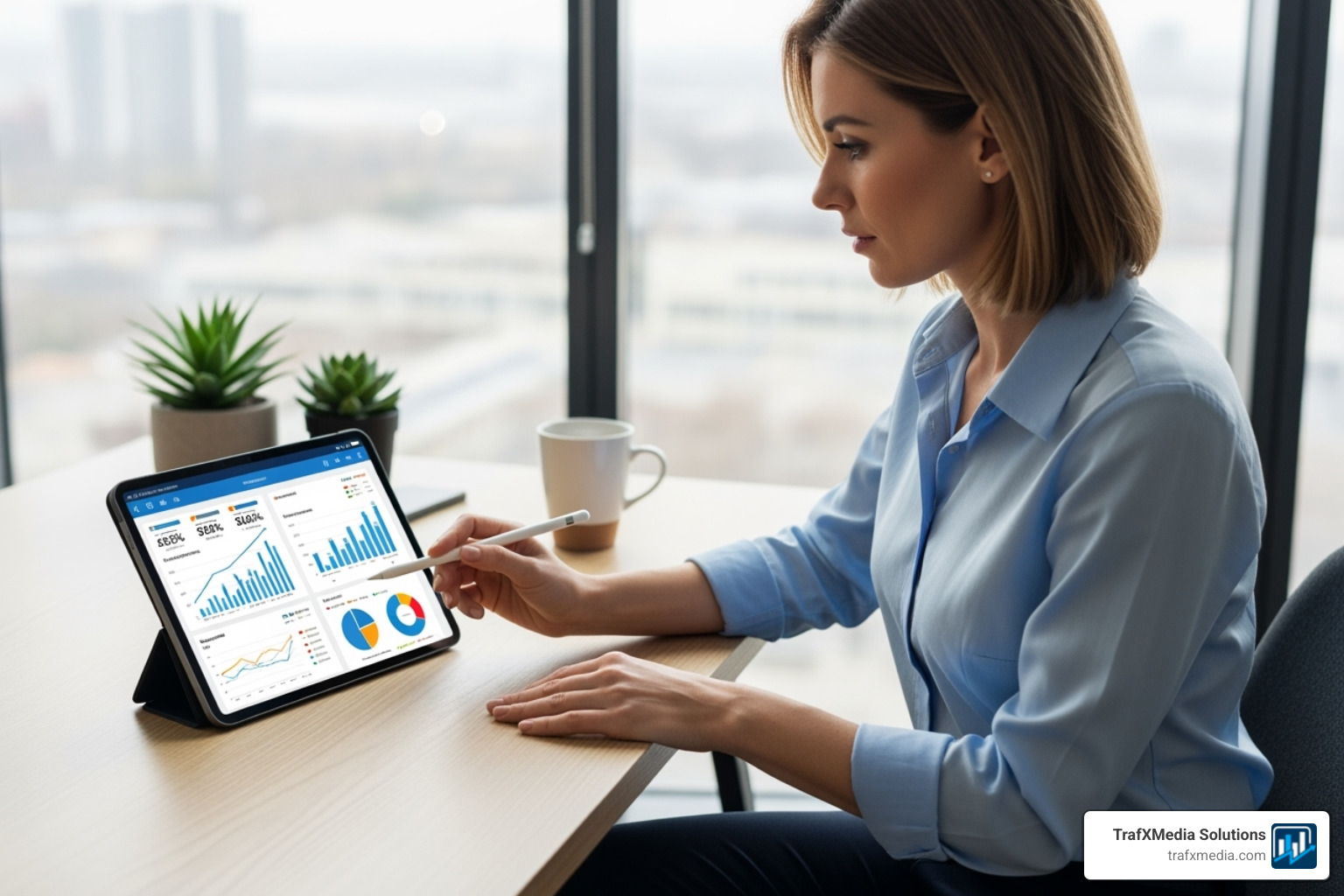 a Caucasian woman at a clean desk, analyzing social media performance charts on a tablet - top social media platforms for small business