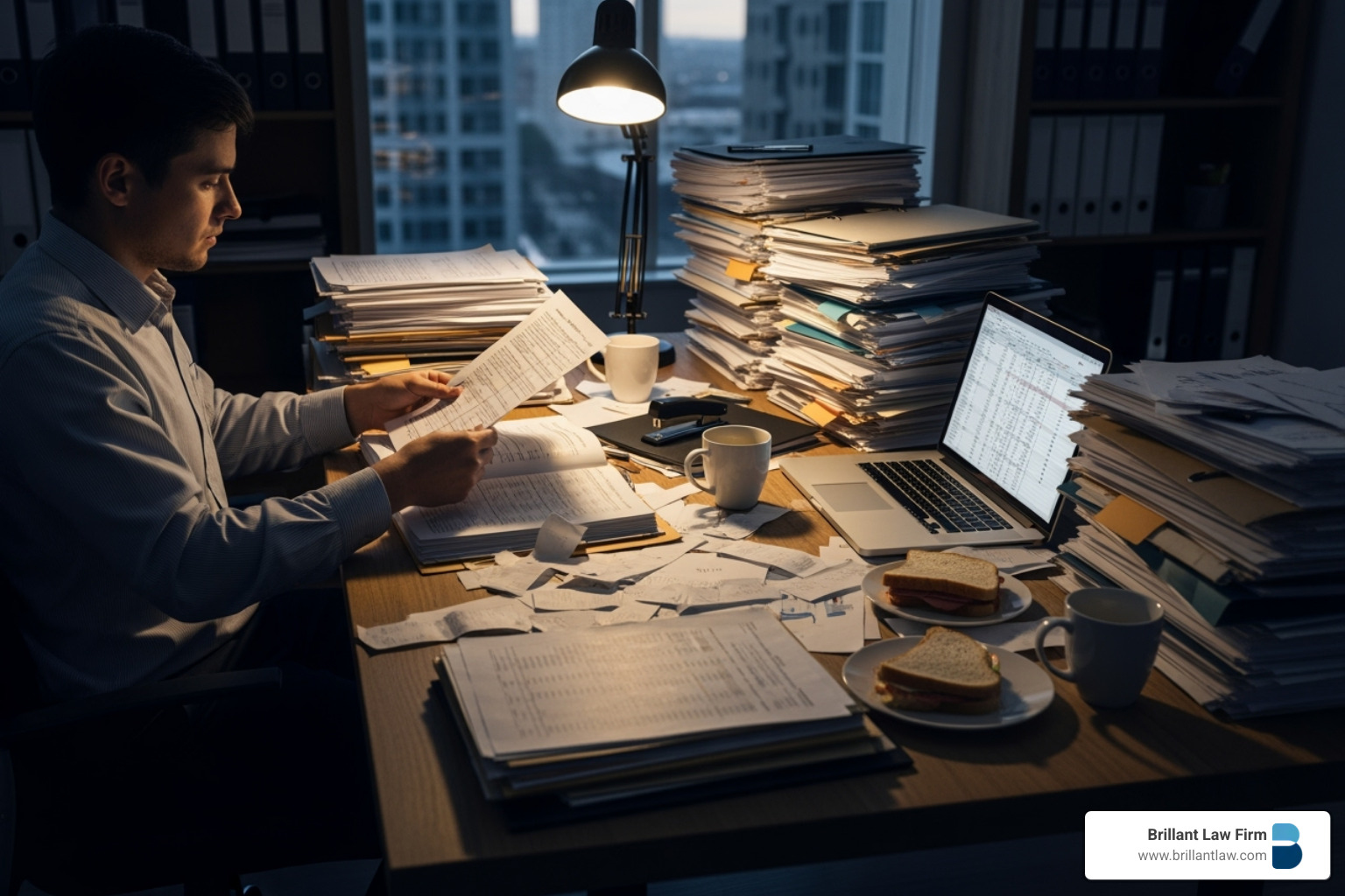 Homeowner sitting at a desk, gathering financial documents and using a calculator for a loan modification application. Homeowner sitting at a desk, gathering financial documents and using a calculator for a loan modification application.