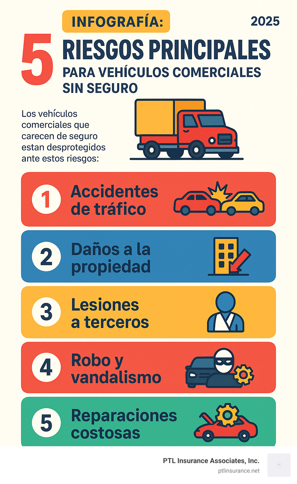 Infografía: 5 Riesgos Principales para Vehículos Comerciales sin Seguro - seguro comercial de automoviles infographic Infografía: 5 Riesgos Principales para Vehículos Comerciales sin Seguro - seguro comercial de automoviles infographic