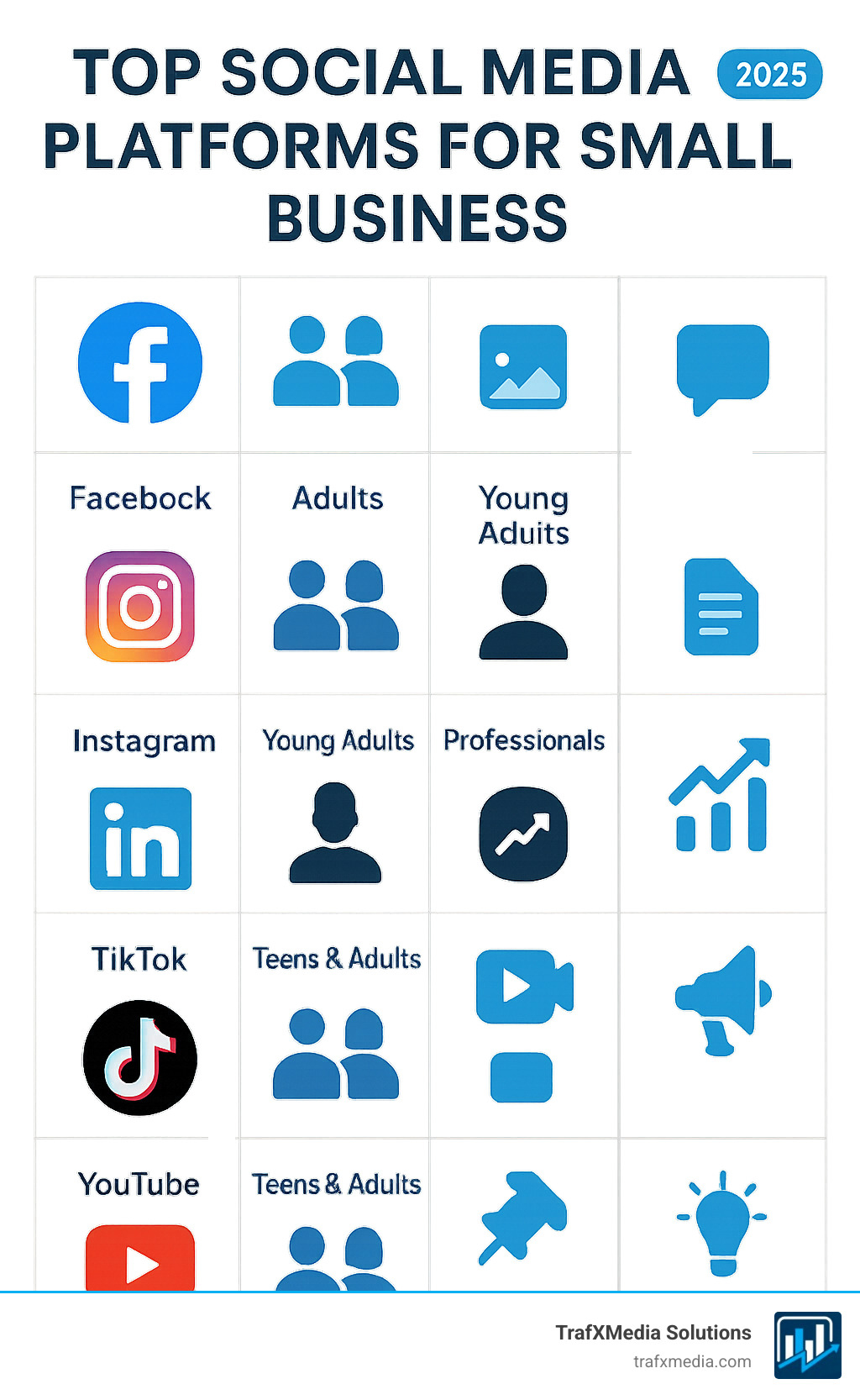 Comprehensive comparison chart showing the top 6 social media platforms for small business, displaying platform names, user demographics, primary content types, and key business benefits for Facebook, Instagram, LinkedIn, TikTok, YouTube, and Pinterest - top social media platforms for small business infographic 