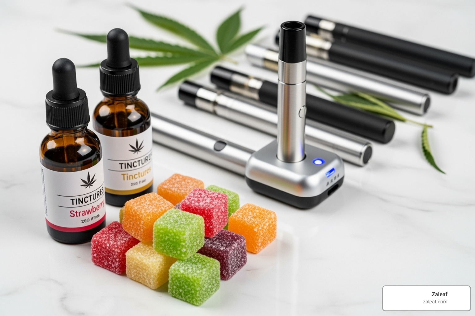 Image of various THC products like gummies, tinctures, and vapes - what is thc