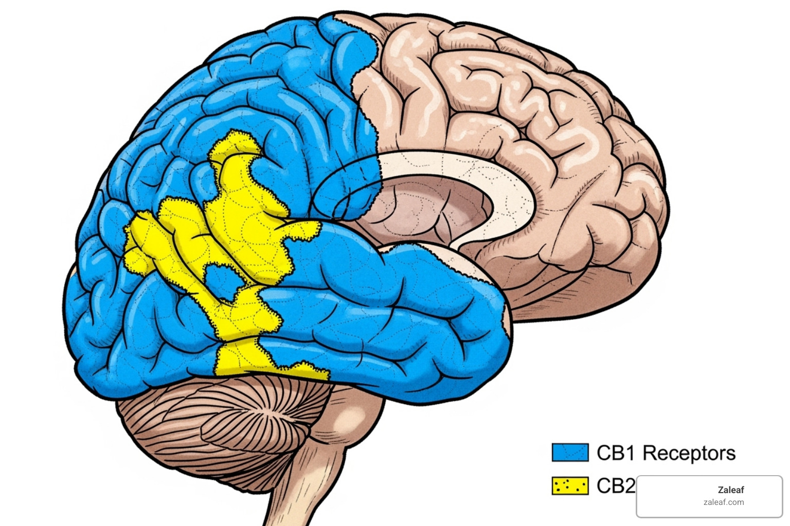 Image of the brain showing CB1 and CB2 receptor locations - what is thc