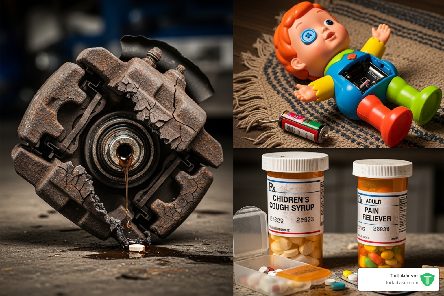 collage of defective products like a faulty car part, a dangerous toy, and mislabeled medication - product liability lawyer new york